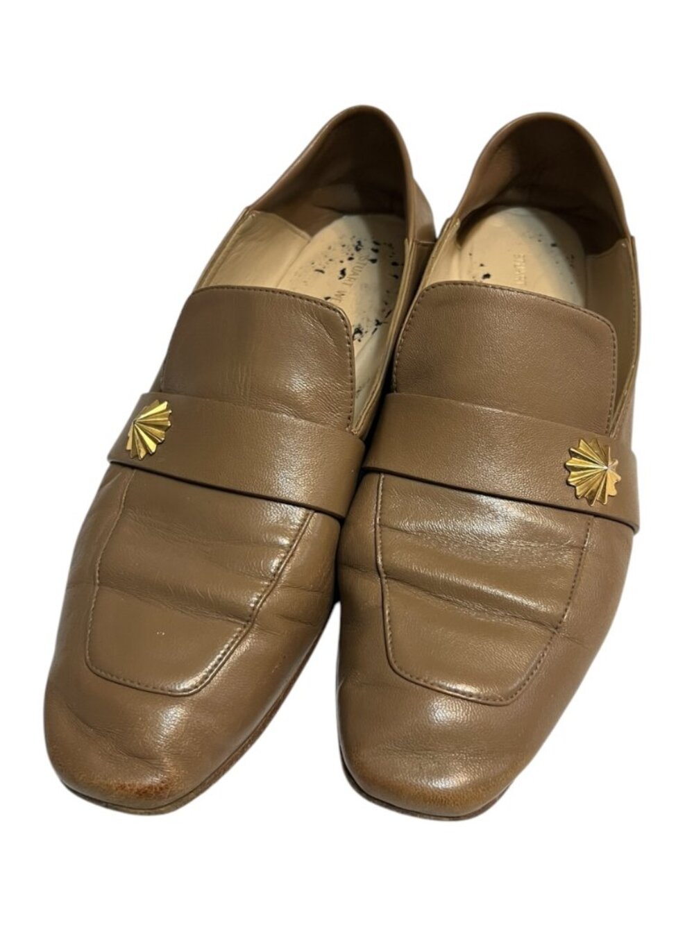 Stuart Weitzman Leather Loafers Flats Brown Square Toe Gold Accent 7.5